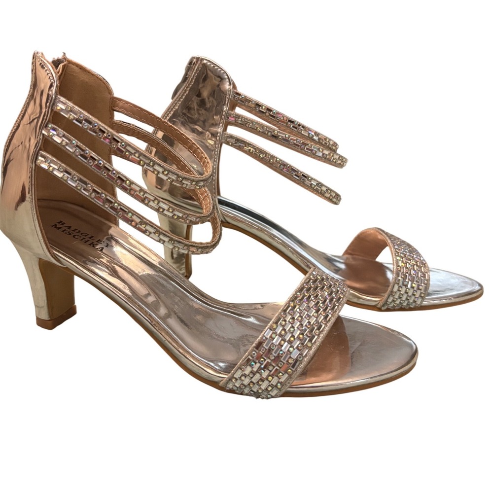 Badgley Mischka Rose Gold Rhinestone Strappy Kitten Heel Sandals Womens 6